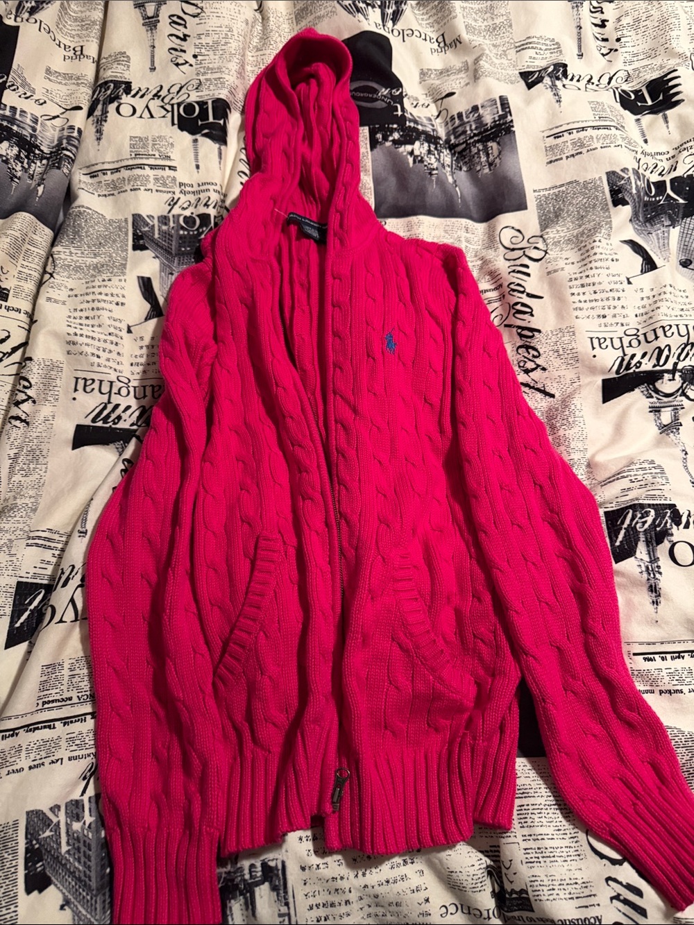 Polo by Ralph Lauren Men’s Cable-Knit Zip Hoodie in Bright Pink